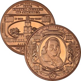 $100. Ben Franklin Design Note 1 oz .999 Pure Copper Round