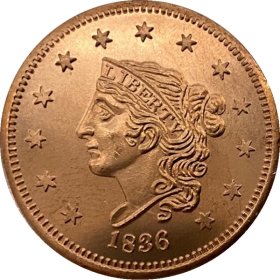 1836 Large Cent (Patrick Mint) 1/2 oz .999 Pure Copper Round