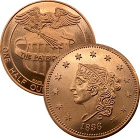 1836 Large Cent (Patrick Mint) 1/2 oz .999 Pure Copper Round