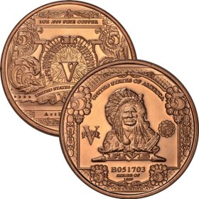 $5. Indian Chief Design Note 1 oz .999 Pure Copper Round