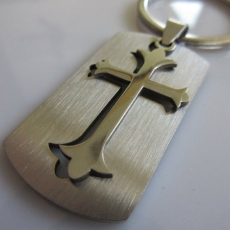 (image for) Acorn Cross Dog Tag Key Ring ~ Stainless Steel