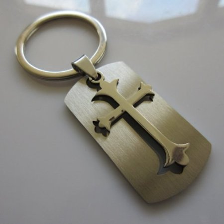 (image for) Acorn Cross Dog Tag Key Ring ~ Stainless Steel