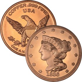 Braided Hair 1836 Large Cent Design 1 oz .999 Pure Copper Round