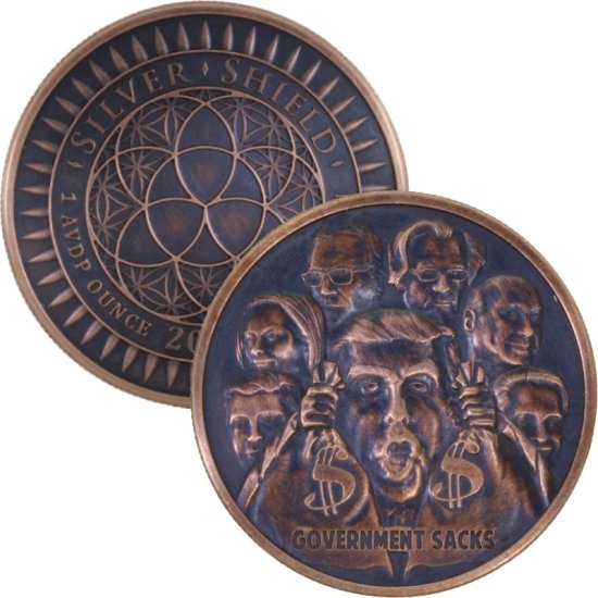 (image for) Government Sacks #38 (2017 Silver Shield Mini Mintage) 1 oz .999 Pure Copper Round (Black Patina) 