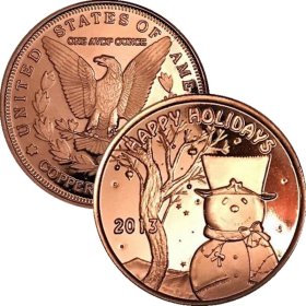 Happy Holidays Snowman 2013 (Sunshine Mint) 1 oz .999 Pure Copper Rounds