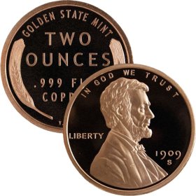 Lincoln Wheat Cent Design 2 oz .999 Pure Copper Round