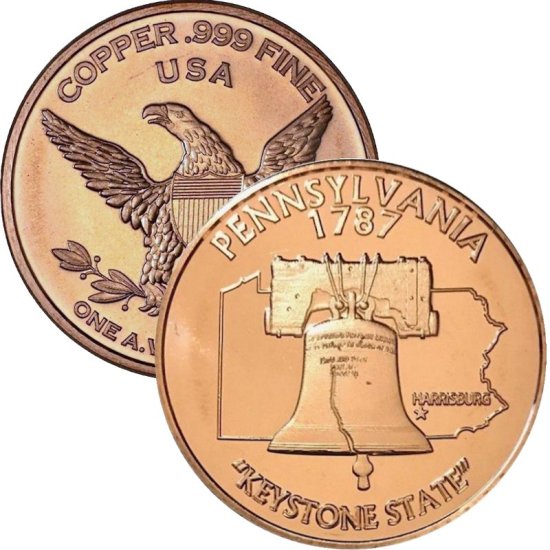 (image for) Pennsylvania 1787 \"Keystone State\" w/Liberty Bell 1 oz .999 Pure Copper Round