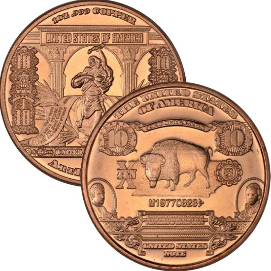 (image for) $10. Bison Design Note 1 oz .999 Pure Copper Round