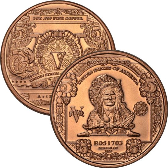 (image for) $5. Indian Chief Design Note 1 oz .999 Pure Copper Round