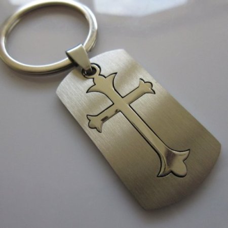 (image for) Acorn Cross Dog Tag Key Ring ~ Stainless Steel
