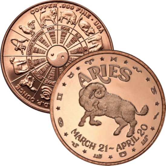 (image for) Aries ~ Zodiac Sign Series 1 oz .999 Pure Copper Round