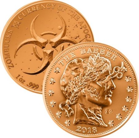 (image for) The Barber 1 oz .999 Pure Copper Round (4th Design of the Zombucks Series)