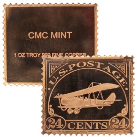 (image for) Biplane $0.24 Cent Stamp Design 1 oz .999 Fine Copper Bar