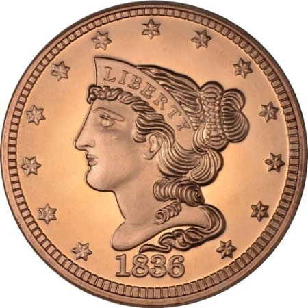 (image for) Braided Hair 1836 Large Cent Design 1 oz .999 Pure Copper Round