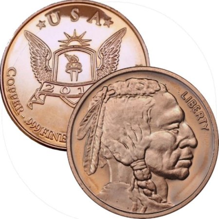 (image for) Buffalo Nickel ~ Indian Head  (Wings & Torch Back) (2010) 1 oz .999 Pure Copper Round