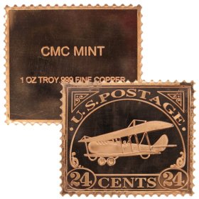 Biplane $0.24 Cent Stamp Design 1 oz .999 Fine Copper Bar