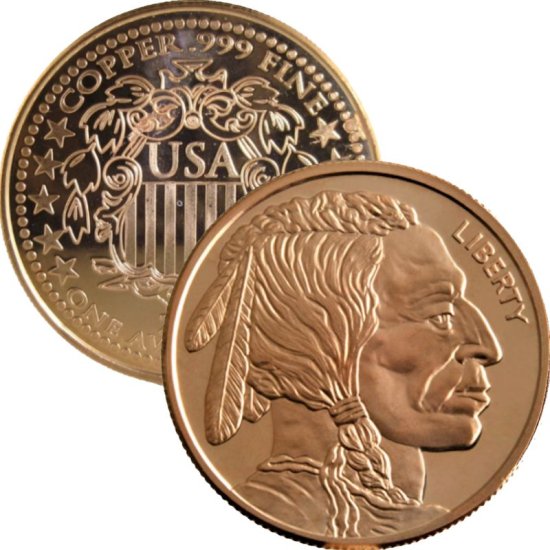 (image for) Buffalo Nickel ~ Indian Head  Design (Shield Back ~ 2011) 1 oz .999 Pure Copper Round