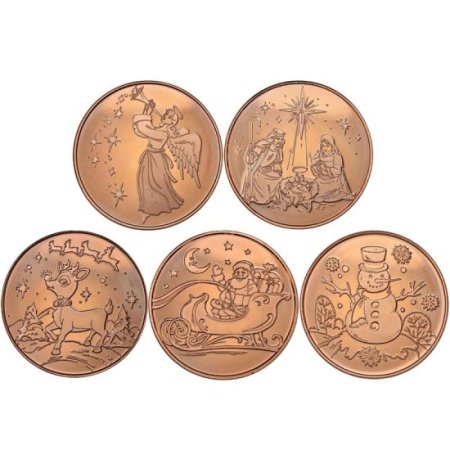 (image for) Complete Set of (5) ~ Merry Christmas (Tree Back Design Series) 1 oz .999 Pure Copper Round