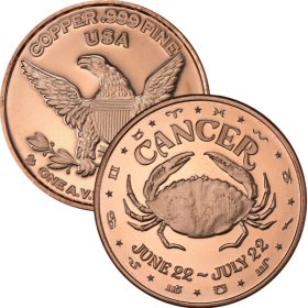 Cancer ~ Zodiac Sign Series 1 oz .999 Pure Copper Round