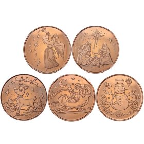 Complete Set of (5) ~ Merry Christmas (Tree Back Design Series) 1 oz .999 Pure Copper Round