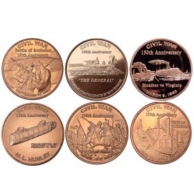 Set of (6) Different Civil War Series 1 oz .999 Pure Copper Rounds