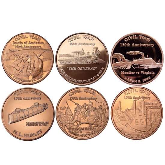 (image for) Set of (6) Different Civil War Series 1 oz .999 Pure Copper Rounds