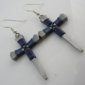 Nail Cross Earrings in Dark Blue By Mr. Willie Hess