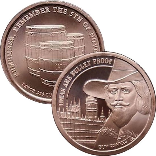 (image for) Guy Fawkes ~ Ideas Are Bulletproof (AOCS) 1 oz .999 Pure Copper Round
