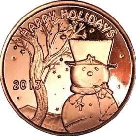 Happy Holidays Snowman 2013 (Sunshine Mint) 1 oz .999 Pure Copper Rounds
