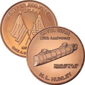 H. L. Hunley ~ Civil War Series 1 oz .999 Pure Copper Round