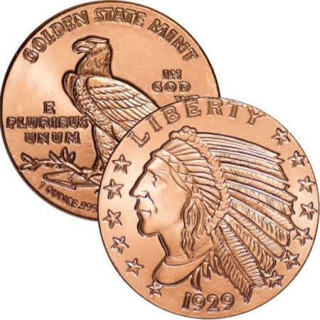 (image for) Incuse Indian 1 oz .999 Pure Copper Round (Golden State Mint)