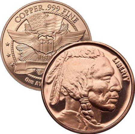 (image for) Buffalo Nickel ~ Indian Head  Design (No Date Obverse) 1 oz .999 Pure Copper Round