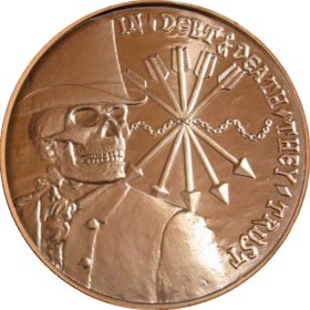 In Debt & Death They Trust (AOCS) (2013) 1 oz .999 Pure Copper Round (Silver Bullet - Silver Shield)  