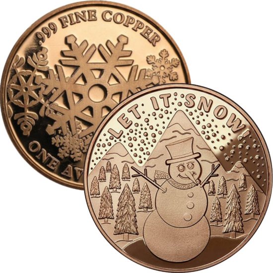 (image for) Let It Snow ~ Snowman (Snowflake Back Design Series) 1 oz .999 Pure Copper Round