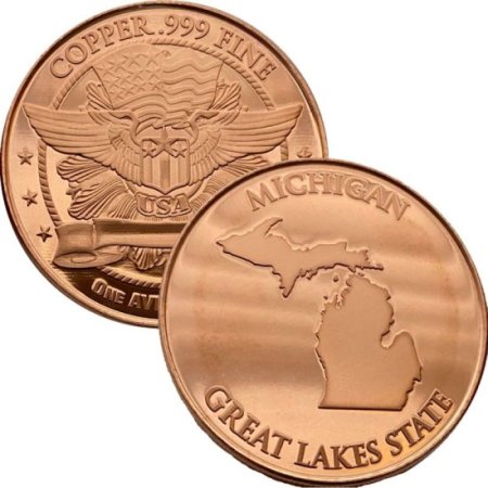 (image for) Michigan ~ The Great Lakes State 1 oz .999 Pure Copper Round