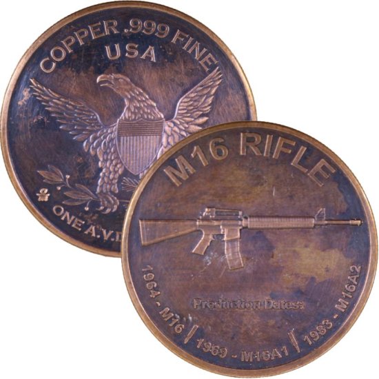 (image for) M-16 Rifle 1 oz .999 Pure Copper Round (Black Patina)