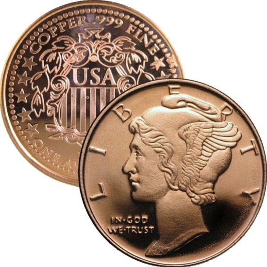 (image for) Mercury Head Dime Design (Shield Back ~ 2011) 1 oz .999 Pure Copper Round