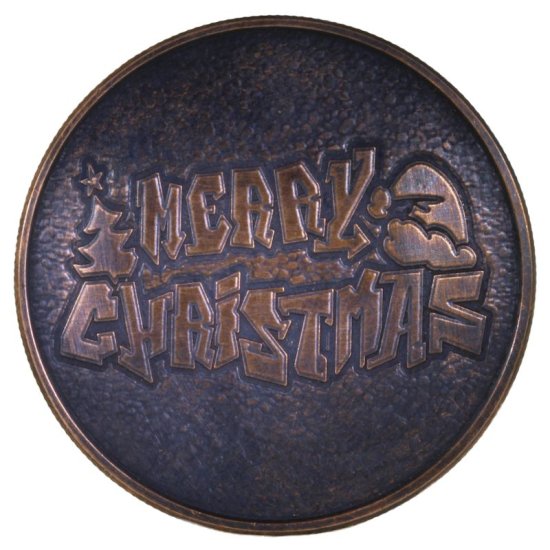 (image for) Merry Christmas ~ Graffiti (Snowflake Back Design Series) 1 oz .999 Pure Copper Round (Black Patina)