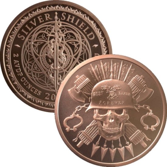 (image for) Moto ~ Debt & Death Forever #152 (2020 Silver Shield - Mini Mintage) 2 oz .999 Pure Copper Round
