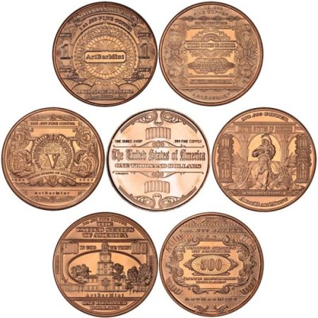 (image for) Complete Set of (7) Different Note Designs 1 oz .999 Pure Copper Rounds