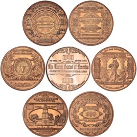 Complete Set of (7) Different Note Designs 1 oz .999 Pure Copper Rounds