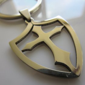 Open Shield Cross Key Ring ~ Stainless Steel