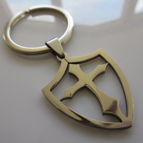 Open Shield Cross Key Ring ~ Stainless Steel