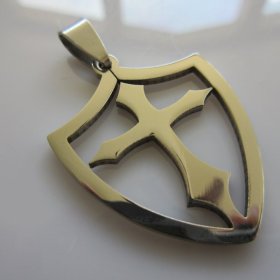Open Shield Cross Pendant ~ Stainless Steel