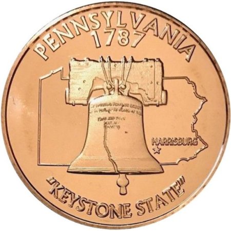 (image for) Pennsylvania 1787 "Keystone State" w/Liberty Bell 1 oz .999 Pure Copper Round