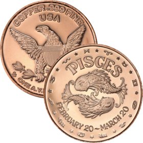 Pisces ~ Zodiac Sign Series 1 oz .999 Pure Copper Round