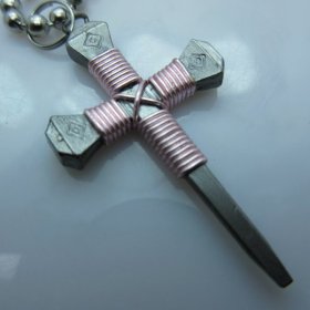 Nail Cross Ball Bead Necklace in Pink By Mr. Willie Hess