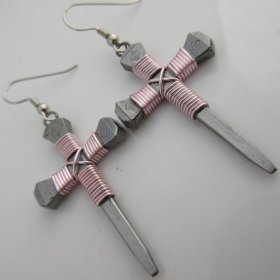 Nail Cross Earrings in Pink By Mr. Willie Hess
