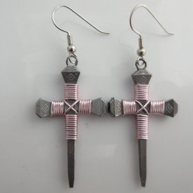 Nail Cross Earrings in Pink By Mr. Willie Hess