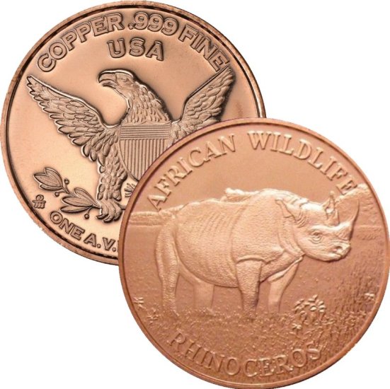 (image for) African Wildlife Rhinoceros 1 oz .999 Pure Copper Round